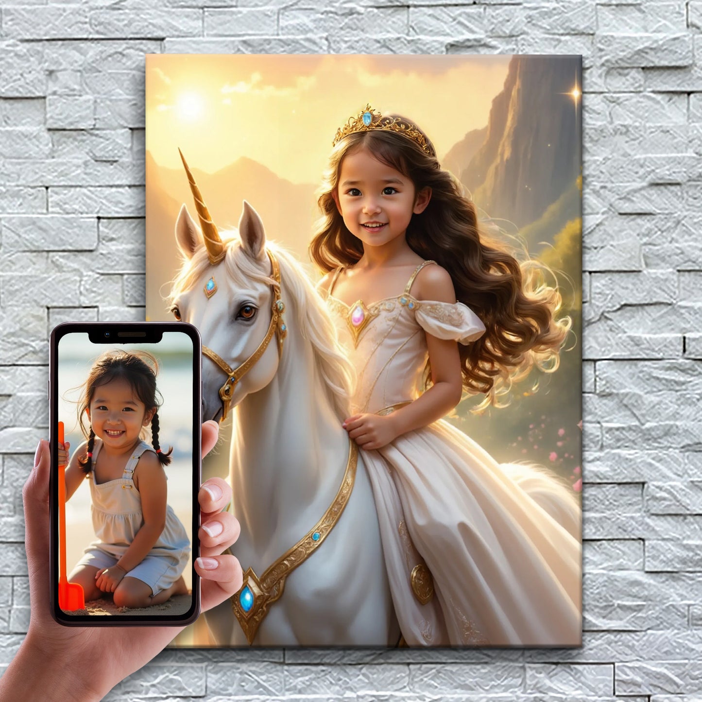 La princesse et sa licorne au coucher de soleil