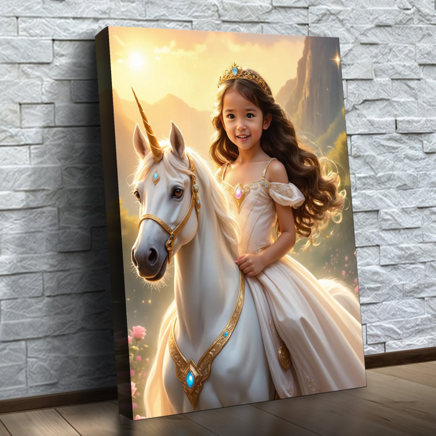 La princesse et sa licorne au coucher de soleil