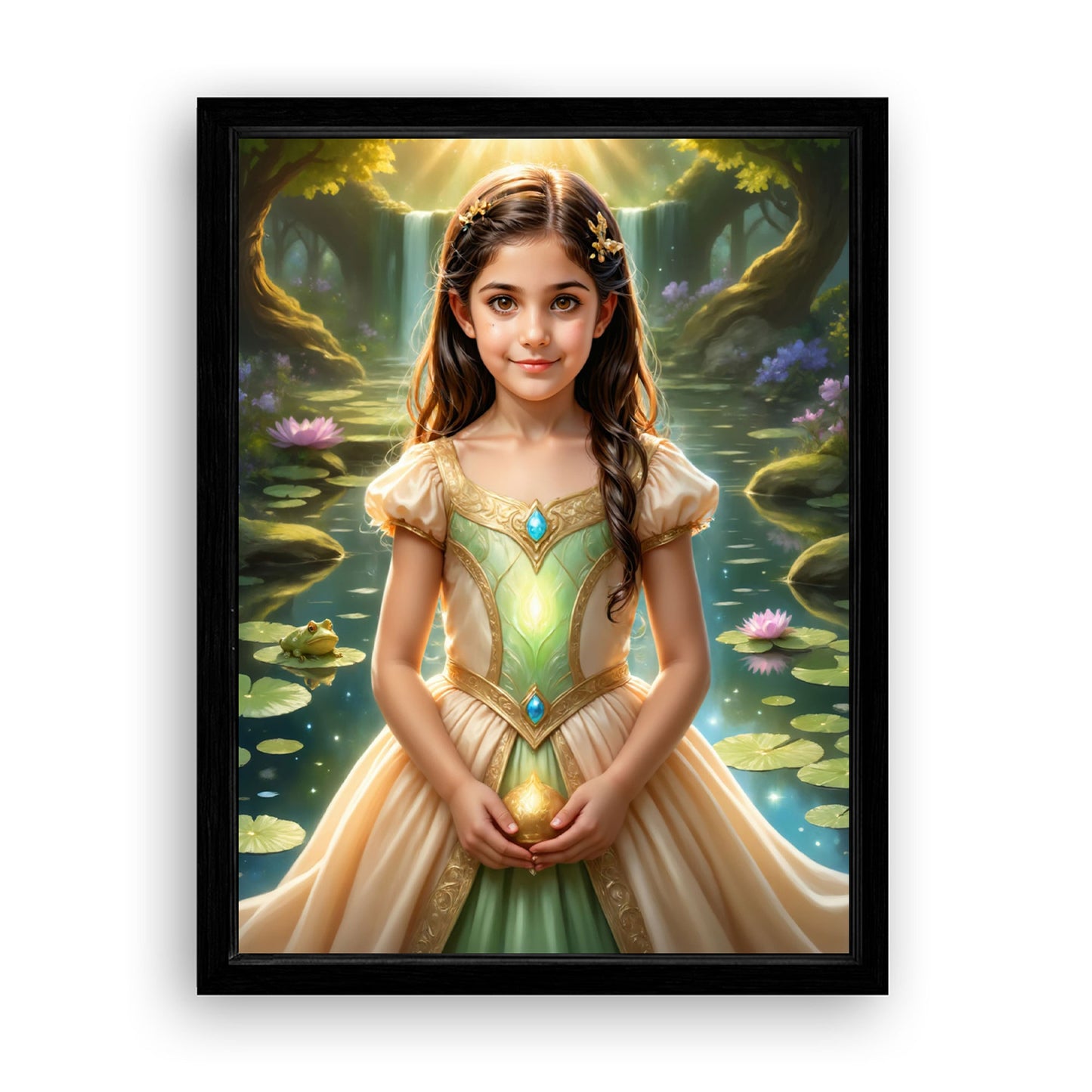 Save 33% When You Add A Frame To Your 18x24 'The Frog Princess by the Pond' Canvas Now