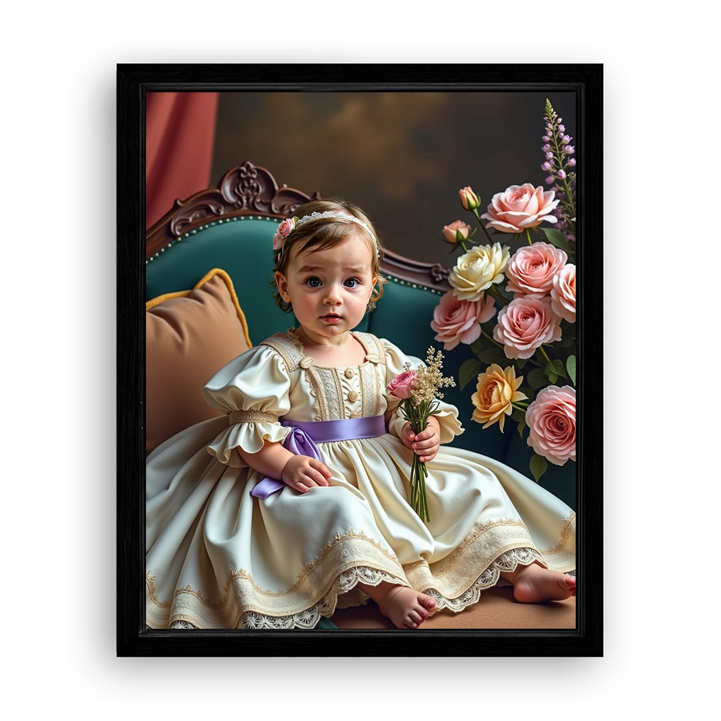 Save 33% When You Add A Frame To Your 16x20 'The Little Girl with Flowers' Canvas Now