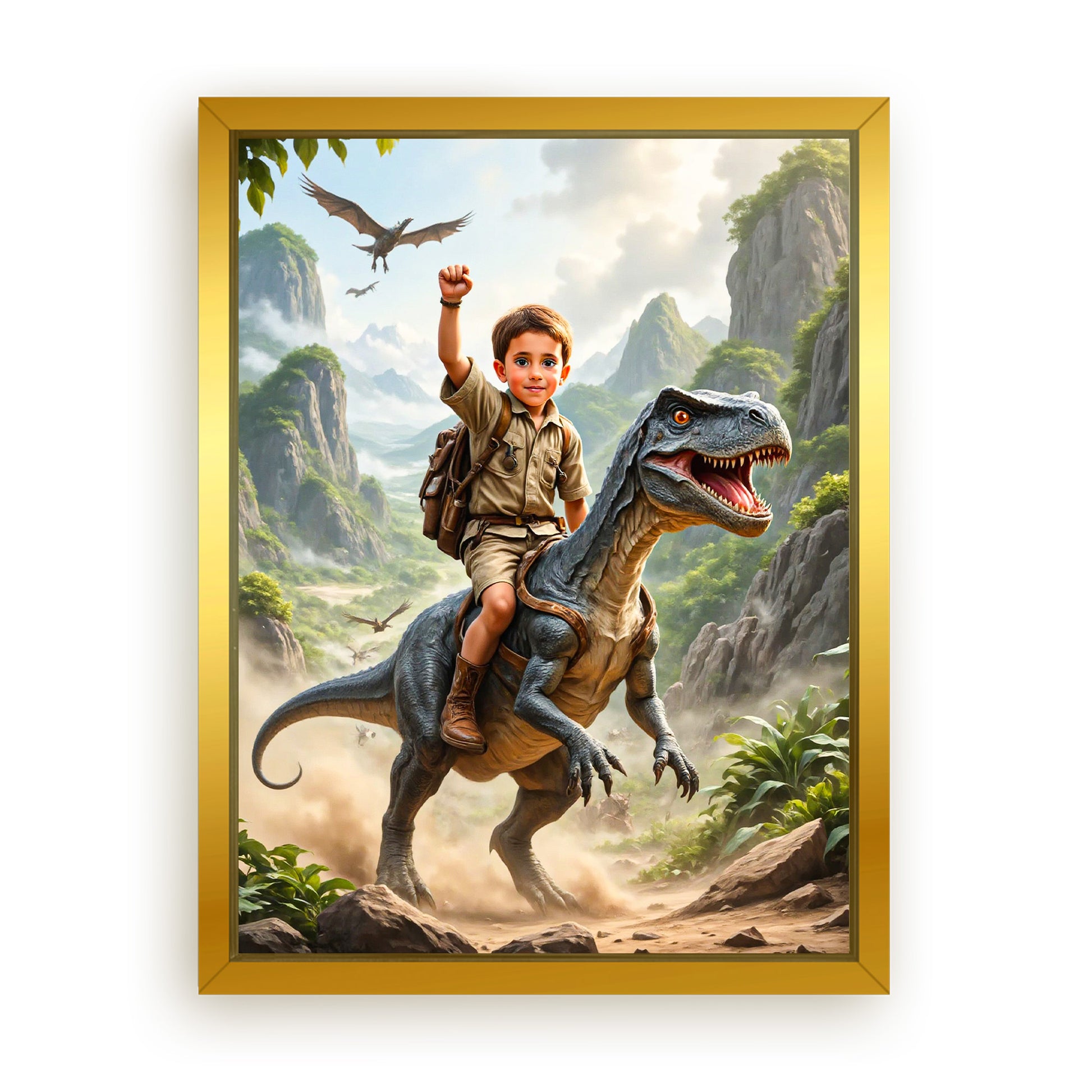 Save 40% When You Add A Frame To Your 12x16 'The Dino Tamer' Canvas Now