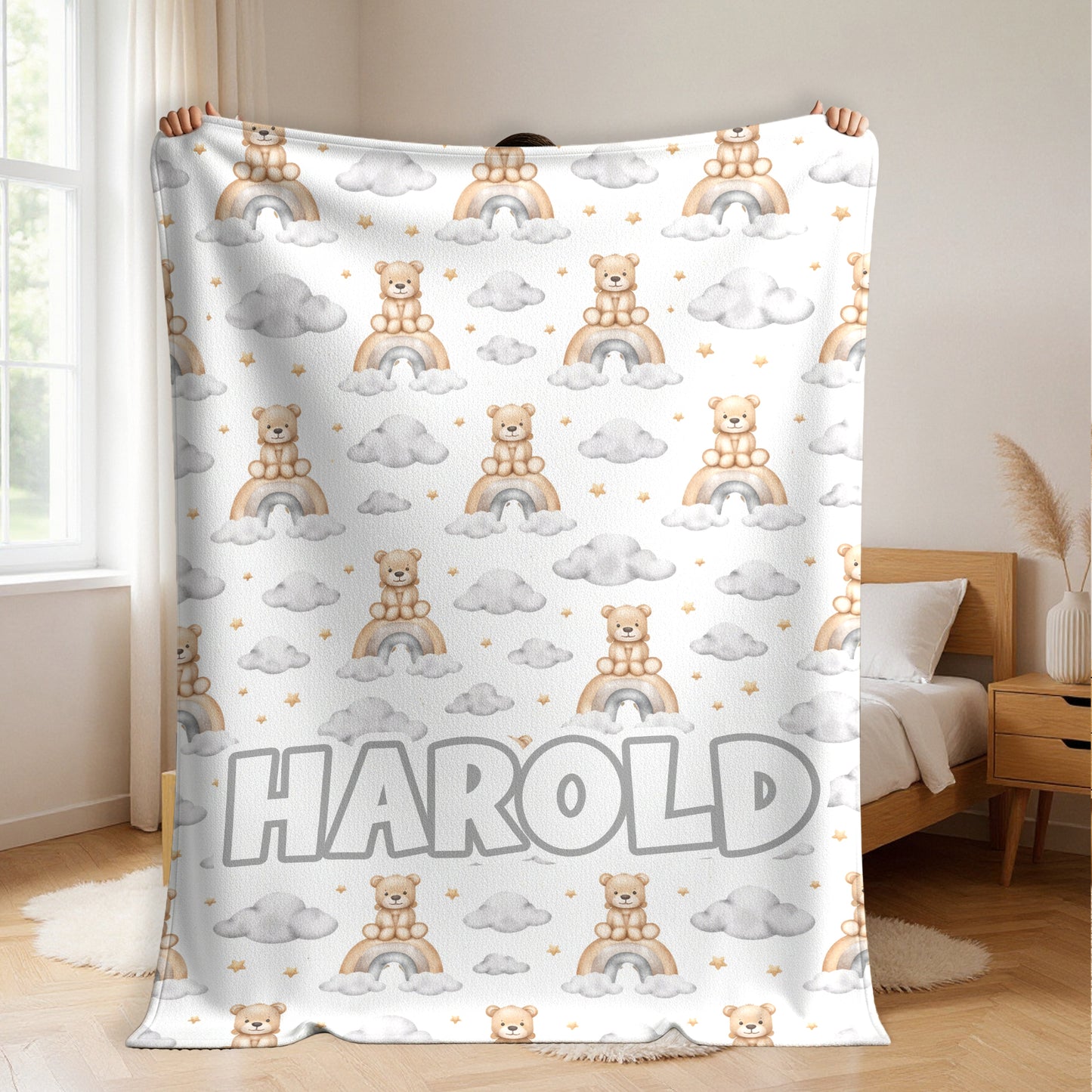 Personalized Bear & Rainbow Kids Blanket