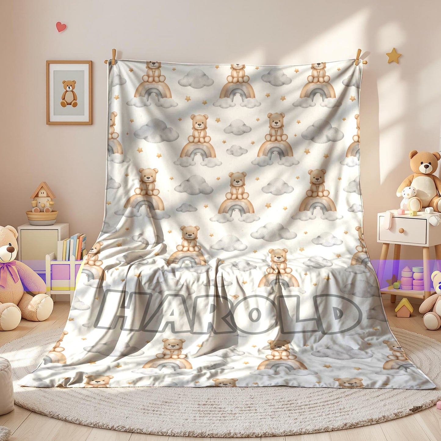 Personalized Bear & Rainbow Kids Blanket