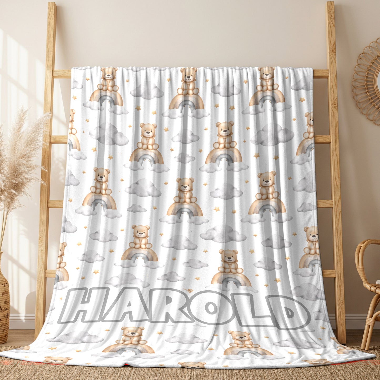 Personalized Bear & Rainbow Kids Blanket